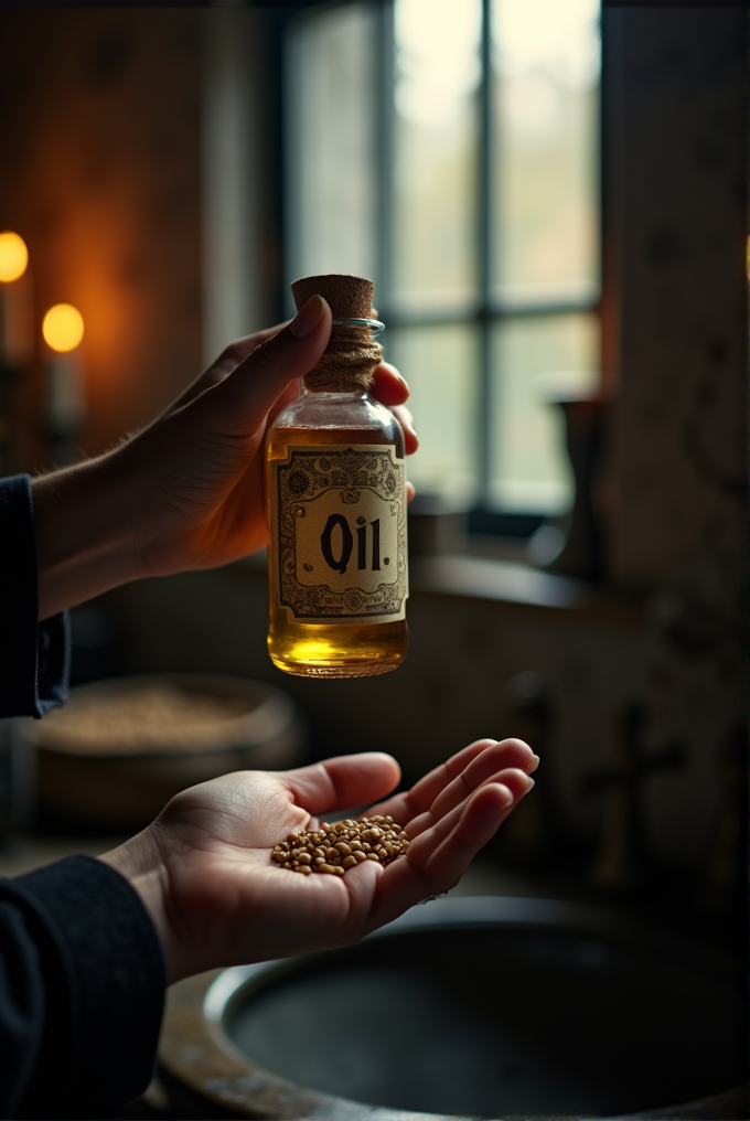 A hand holds a small antique bottle labeled 'Oil' next to another hand cradling mustard seeds, set against a softly lit rustic kitchen backdrop.