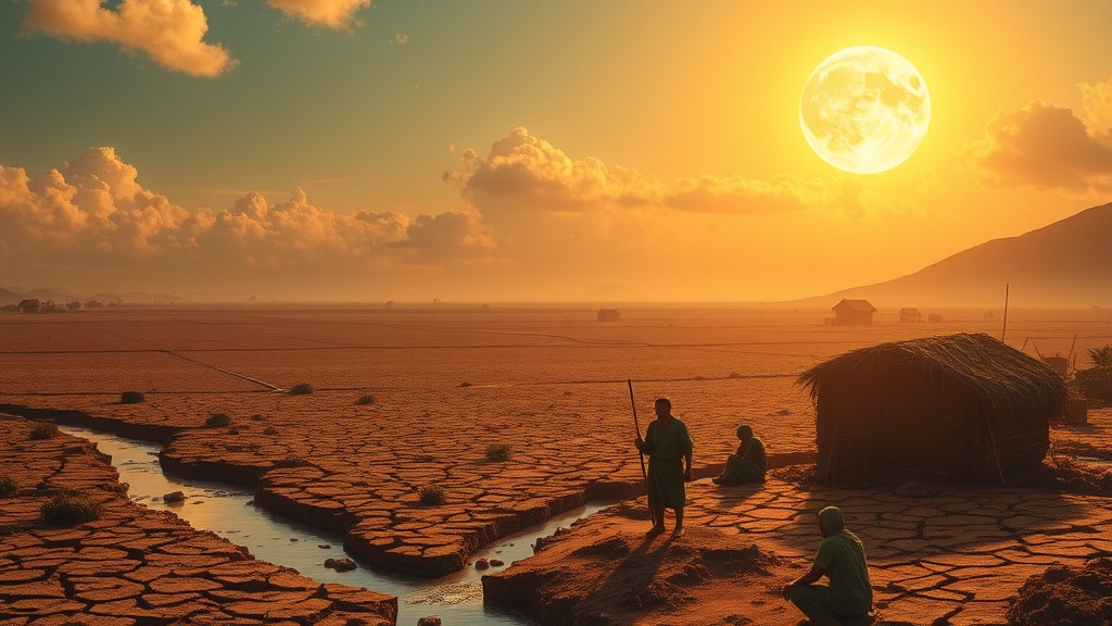 A surreal desert scene with a glowing moon and people near a small hut.