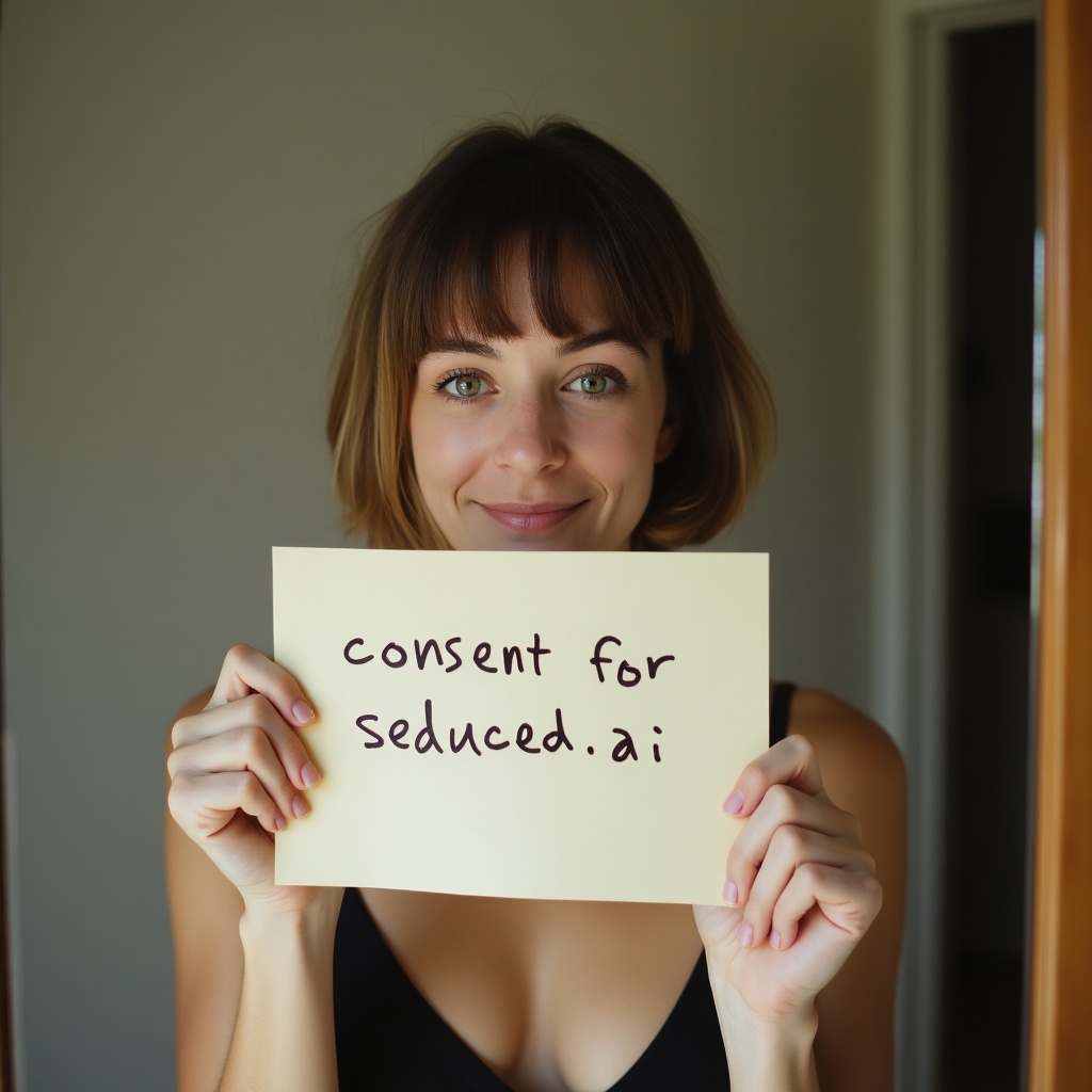 Person holds a paper in a mirror. The paper shows handwritten message consent for seduced.ai. Arm and hand are prominent. Neutral indoor space. Soft lighting. Paper is main focus. Subject is a young woman with green eyes and bob haircut. Mouth is obscured by note.