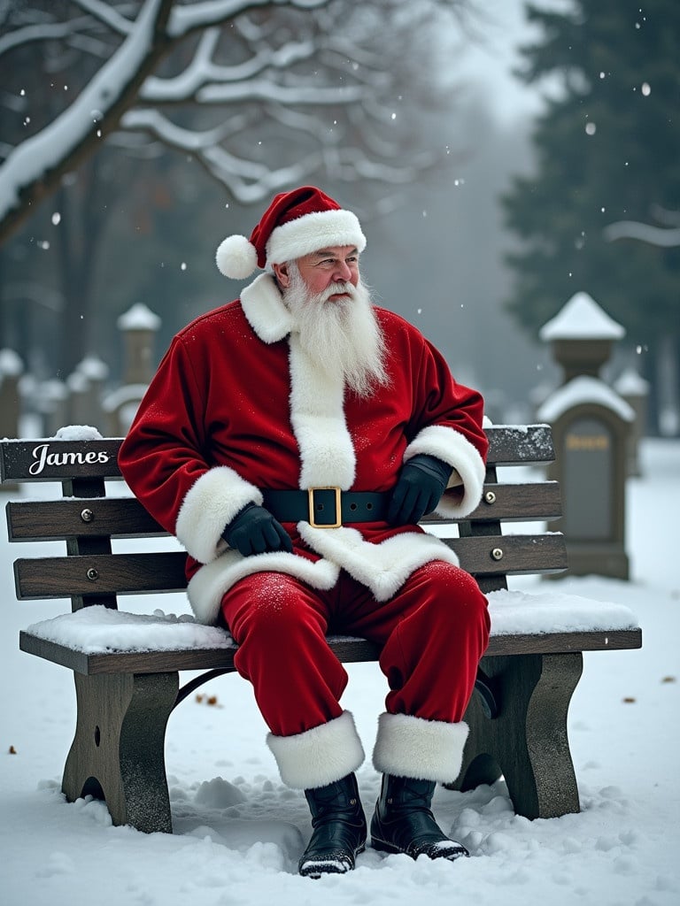 Father Christmas dressed in red suit sits on a bench in a snowy cemetery. Implied spirit of a boy. Name James engraved on the bench.