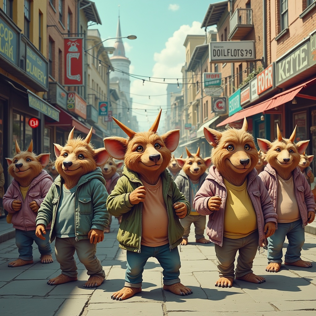 The image showcases a lively street scene where anthropomorphic creatures are gathered for a block party. These creatures have animal features, resembling a mix of various animals, and they are dressed in casual clothes. The atmosphere is vibrant and cheerful, with decorations hanging above and shops lining the street. The characters are engaging with each other, conveying a sense of community and joy. This scene is set during the day, with bright sunlight illuminating the cobblestone street.