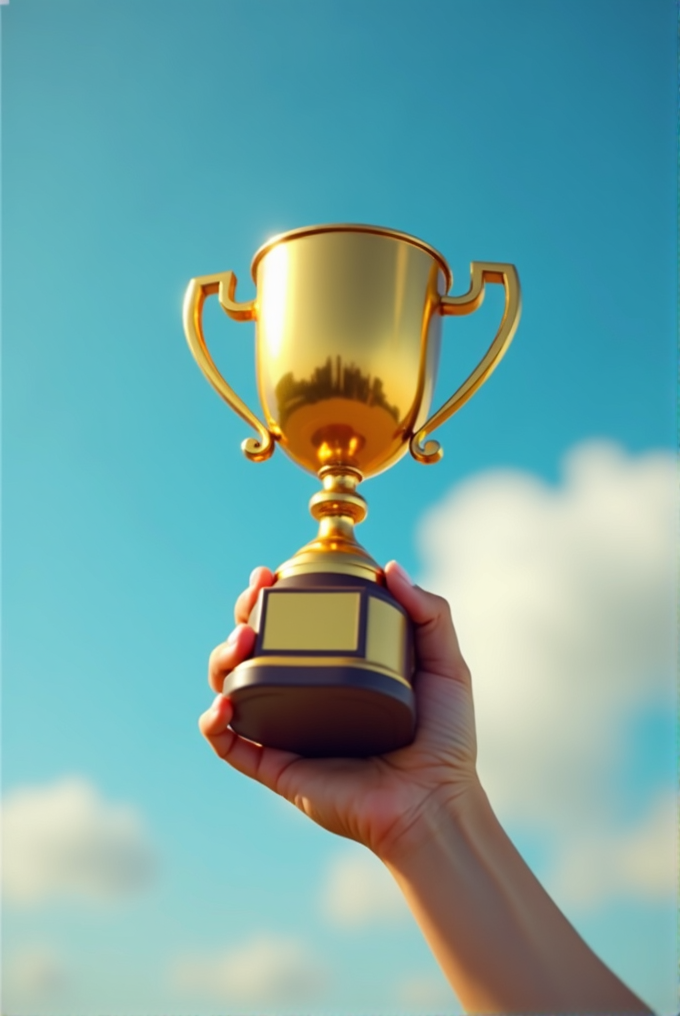 A hand holds a golden trophy against a blue sky with fluffy clouds.