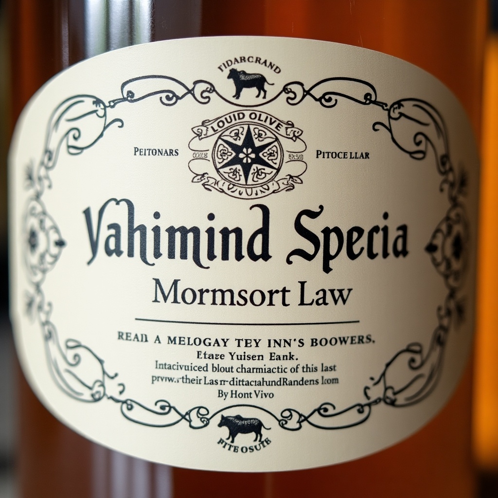 Close-up of a beverage label displaying elegant typography and an intricate emblem.