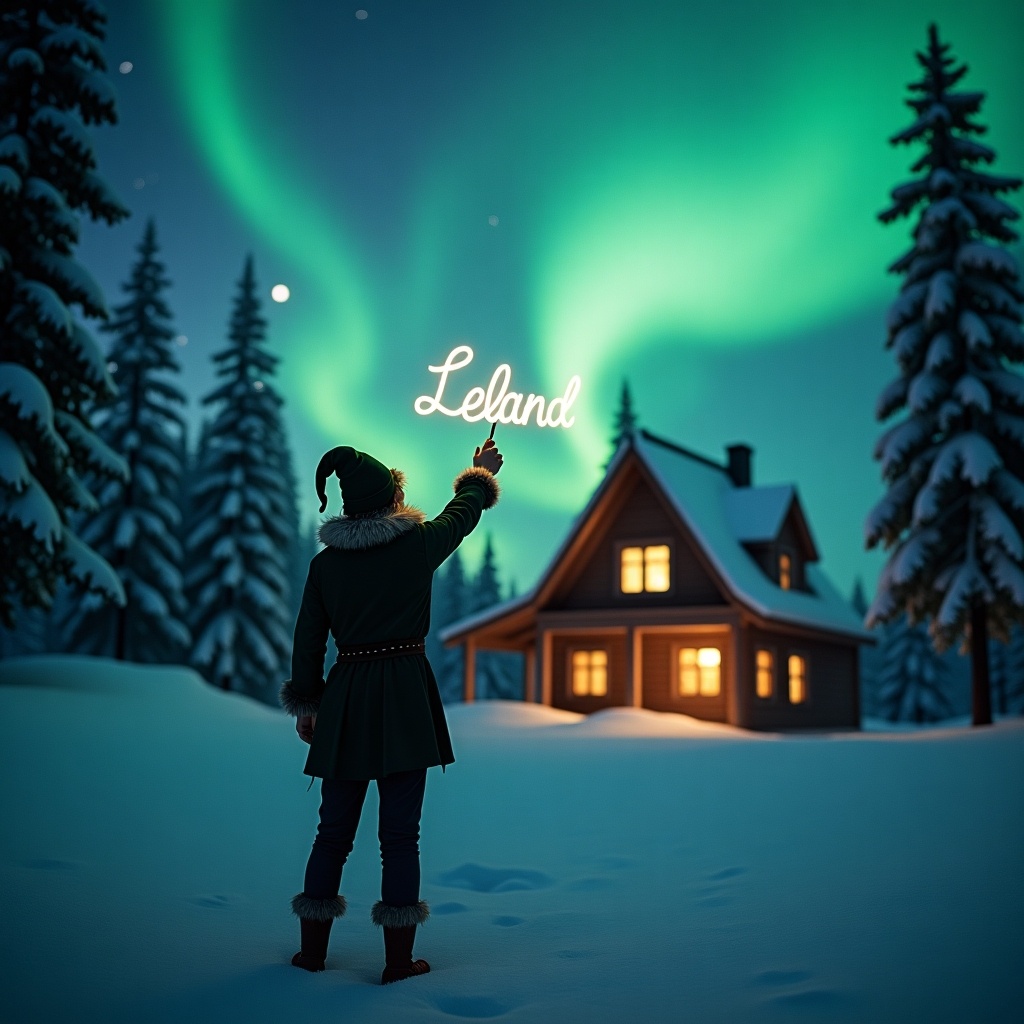 Elf stands with back to viewer. Elf writes Leland using a wand. Magical northern lights and cozy cabin in the background.