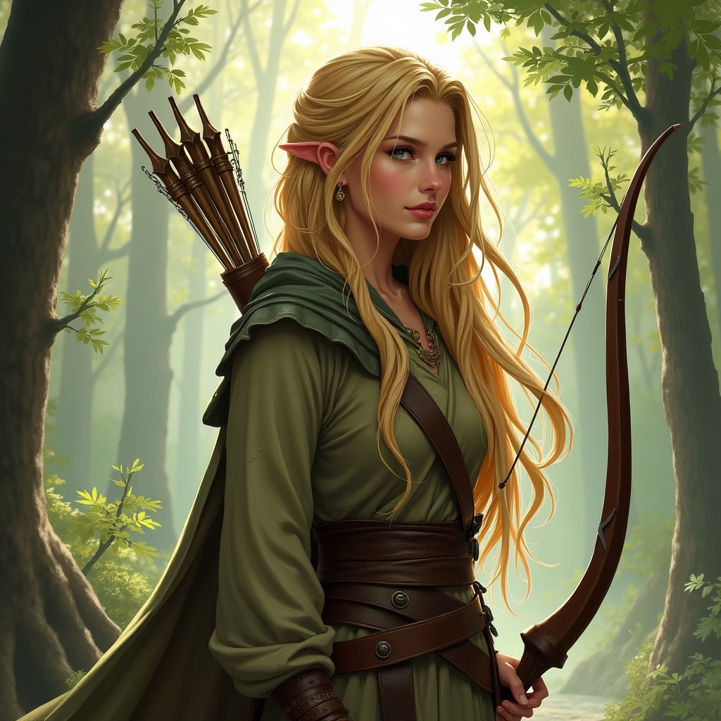 Human female druid wearing natural clothing. She has long blonde hair. She carries a bow and stands in a forest setting. Dappled light filters through trees, creating a magical atmosphere.