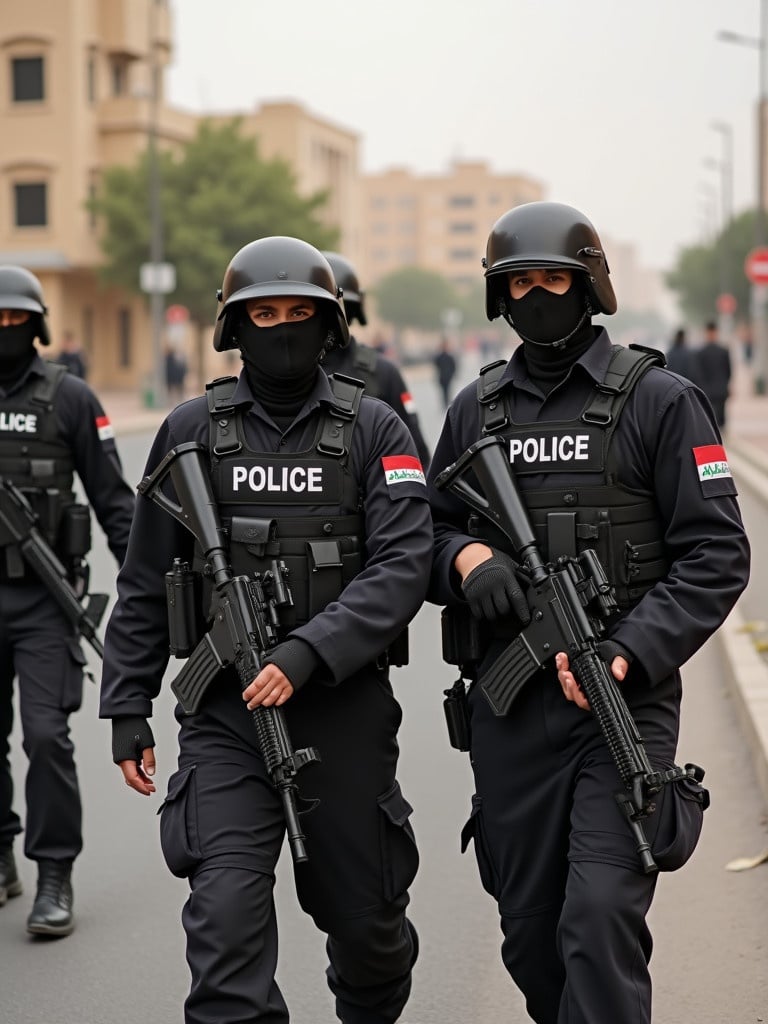 Police officers in full tactical gear walking down a street. Officers are armed and wearing protective helmets. Background shows buildings. Officers are focused on their task. Image captures a serious law enforcement atmosphere.