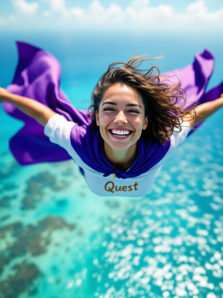 Teacher is soaring over the Caribbean Sea. She wears a purple cape. She has a white shirt with the word Quest in gold. Scene captures adventure and empowerment. The waters are sparkling turquoise and the sky is clear and blue. Her expression is happy and inspiring.