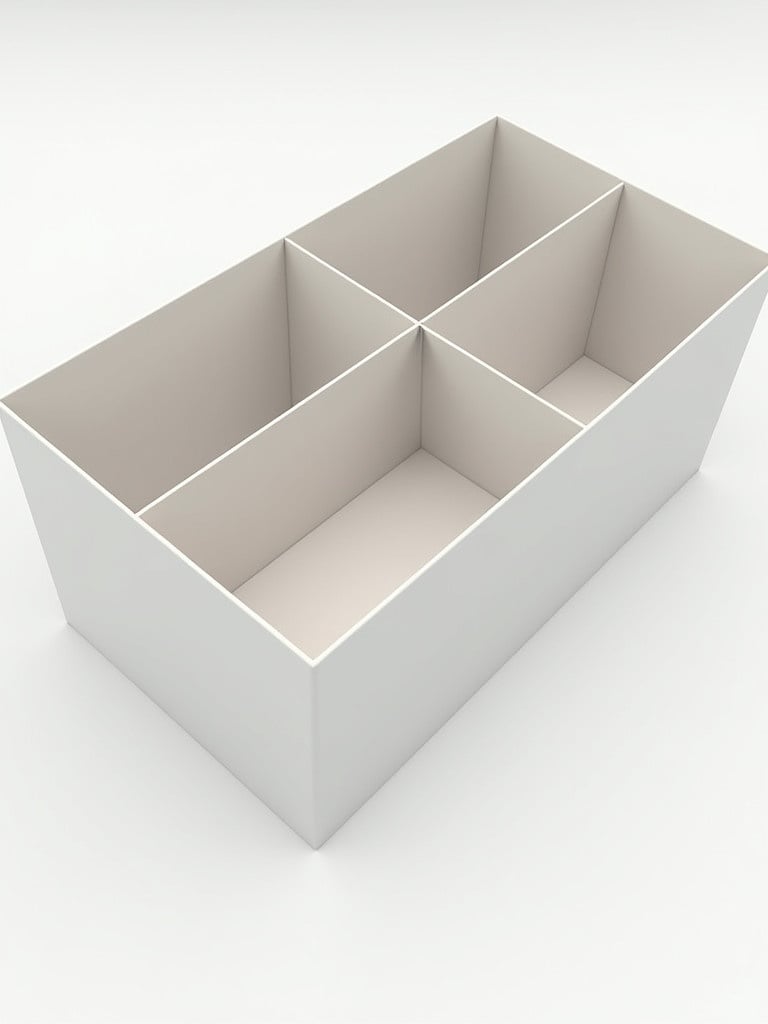 3D design of a rectangular box with interior partitions. Dimensions are 17.5 cm by 20 cm by 6 cm. Open from the top. Divided into three sections measuring 5 cm, 5 cm, and 10 cm. Vertical sheets create compartments with a clean and sturdy appearance, resembling cardboard or wood.