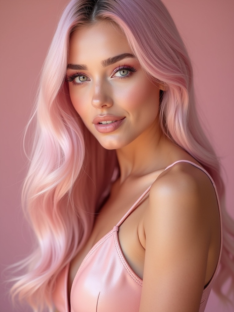 Portrait of a young woman in her twenties. Long silky hair dyed pastel pink with subtle white highlights. Large bright eyes in a rosy pink hue. Expertly applied makeup in pink tones. Wears a stunning leather dress with a shiny finish.