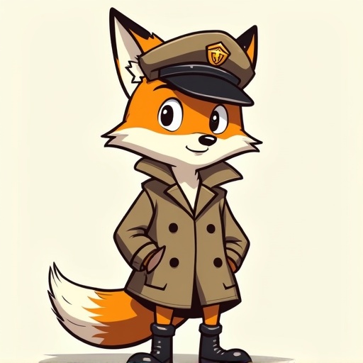 A cartoon fox character stands confidently. Character has orange fur and is wearing a trench coat and a peaked cap. There is no background or other context.