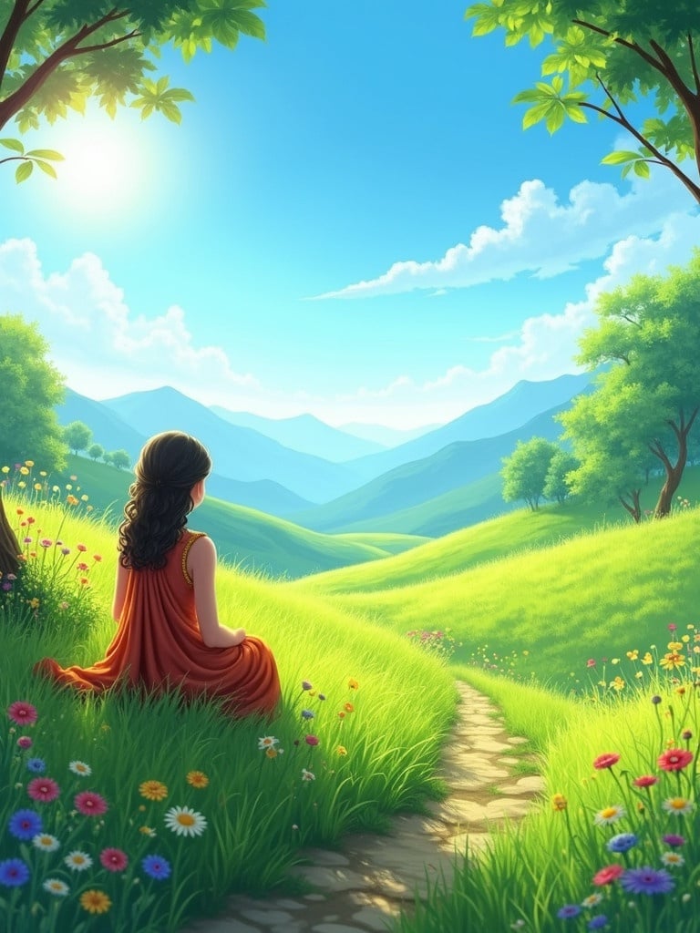 Peaceful grassland scene with lush green grass and wildflowers. Bright blue sky above. Sun shining over distant mountains. Small pathway weaving through the grass towards the horizon. Radha Rani sitting on the grass. Flowers hanging from above. Green leaves of tree branches visible from sides.