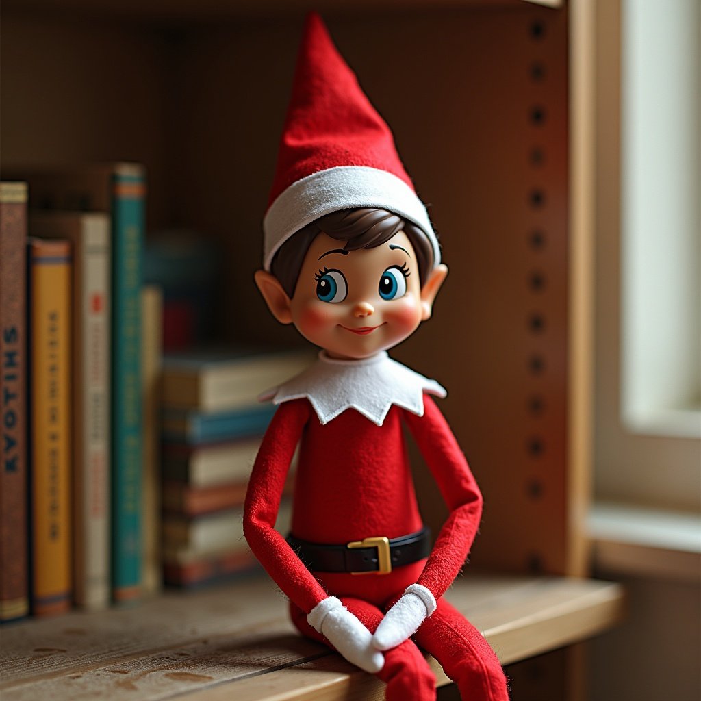 Elf on the shelf with a name tag. The elf is wearing a traditional red and white outfit. It sits on a wooden shelf surrounded by books. A bright window is visible in the background.