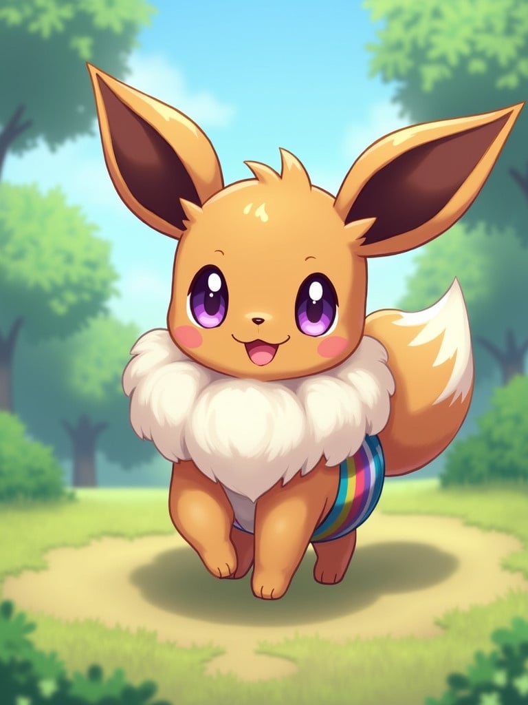 Fluffy female Eevee character. Cute playful expression. Purple eyes. Wearing a colorful rainbow diaper. Surrounded by a vibrant forest. Sunny blue sky overhead.