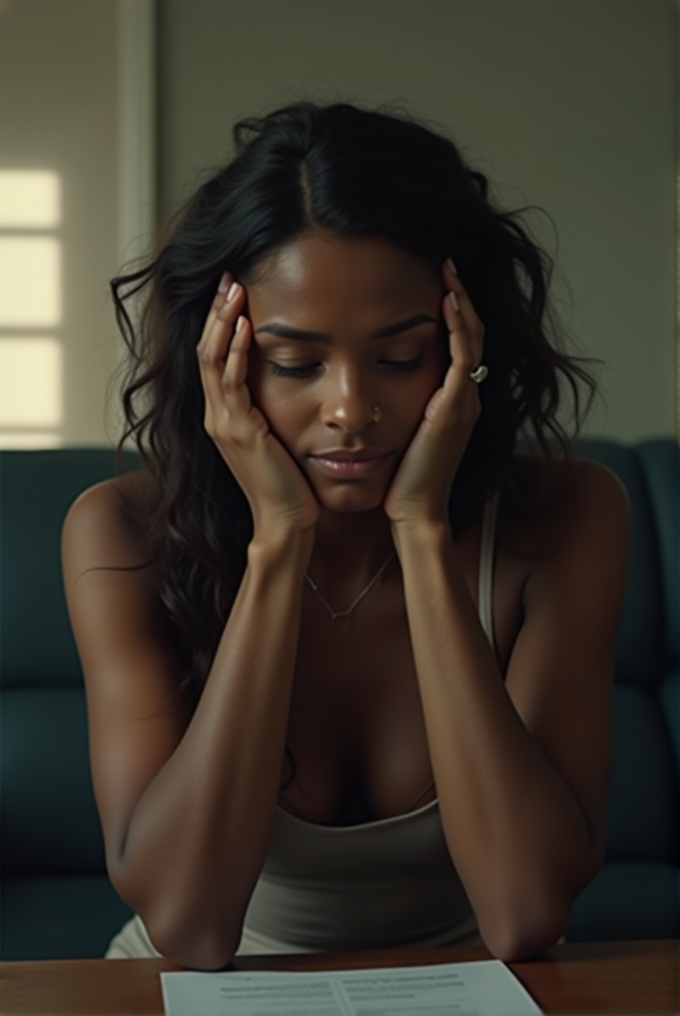 A woman with hands on her face sits at a table with papers, looking thoughtful.