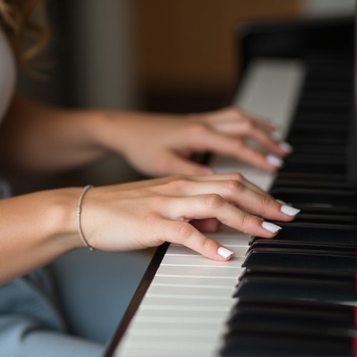 Image highlighting a young woman's hands playing piano keys with detailed focus. Soft natural light brightens the scene. Captivating close-up view of piano keys and hands during a musical moment.