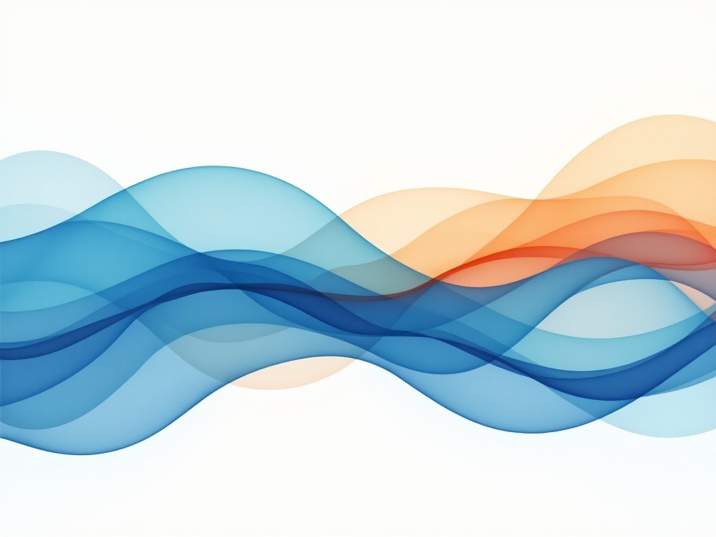 This image features abstract waves of blue and orange layers flowing gracefully across a white background. The waves create a sense of movement and fluidity, inviting viewers' attention. The smooth transitions between colors add depth and elegance. The combination of cool blue and warm orange creates a striking contrast. This design can be used in various digital and print applications to convey creativity and modernity.