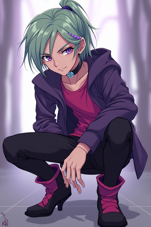 A slender young male character with light skin and big purple eyes. Shoulder-length light green hair in a ponytail with a side braid in lavender. Wearing a dark purple jacket, pink top, and silver heart choker. Black leggings with pink trim and high heeled black and pink boots. Feminine build with a custom Duel Disk in stylish anime aesthetics.