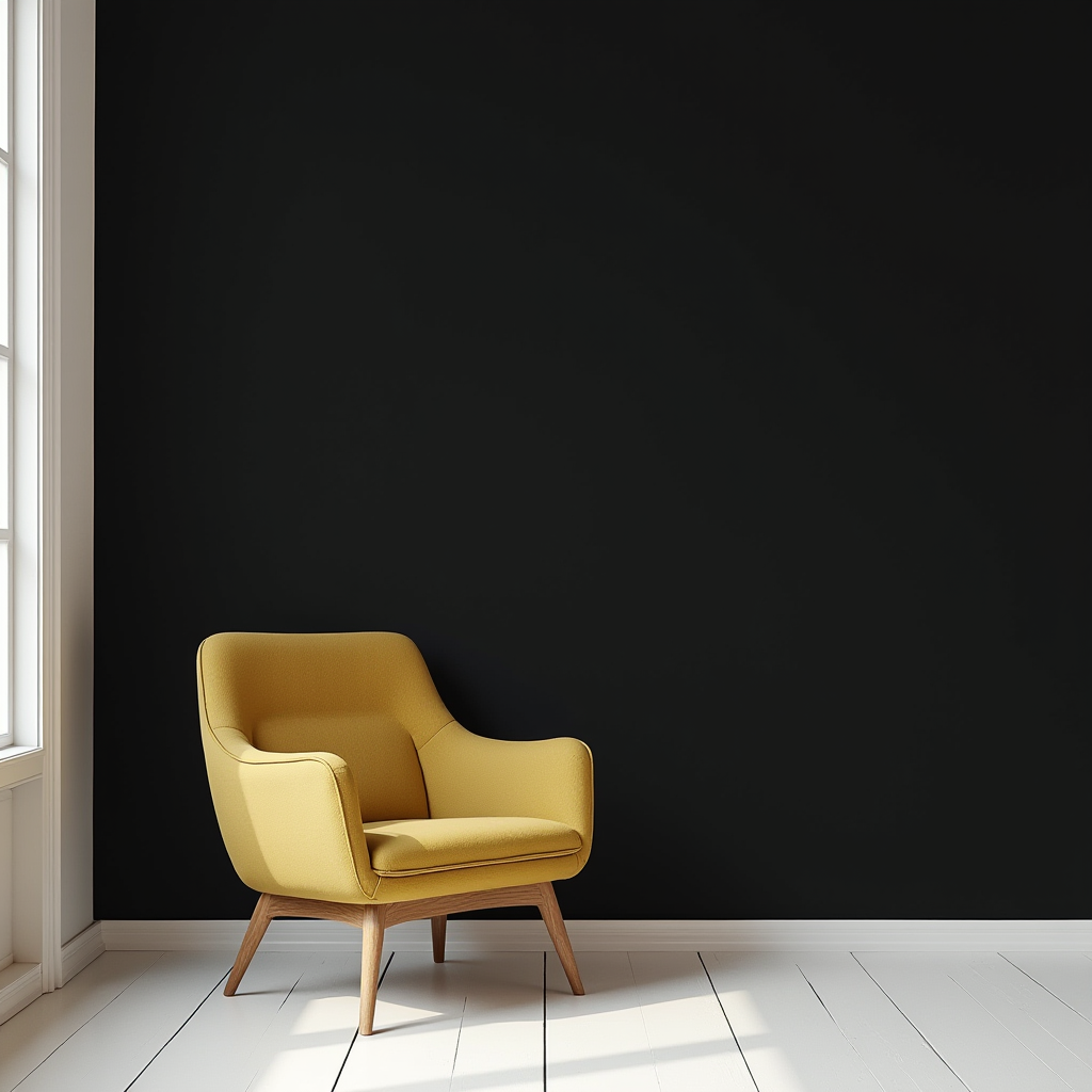 A stylish yellow armchair stands against a sleek black wall in a bright, minimalistic room.