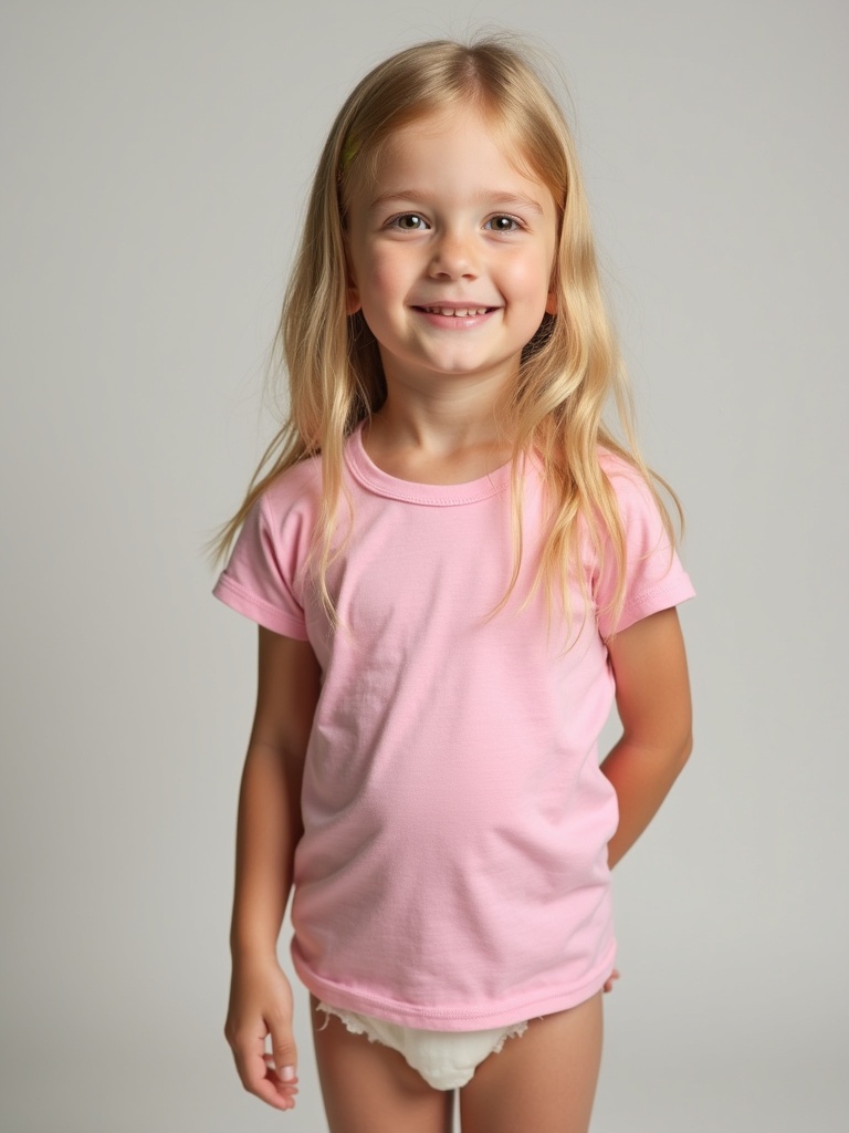 A four-year-old girl stands with long blond hair. She wears a pink t-shirt and a diaper.