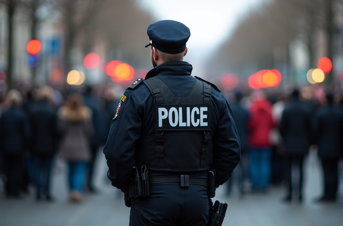 A police officer stands on a busy street, overseeing a crowd of people.