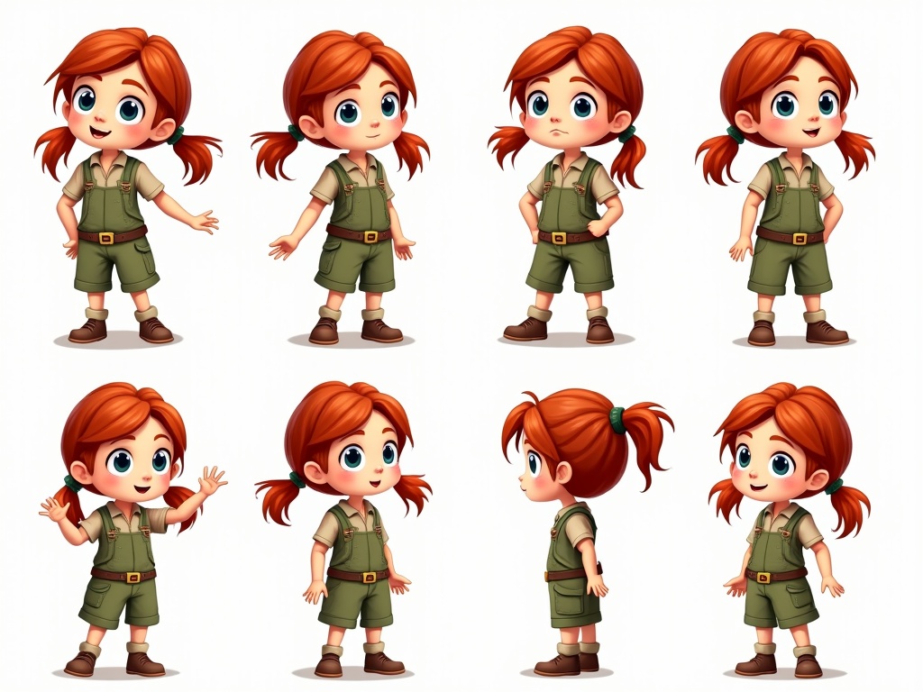 This image features a series of animated depictions of a young girl with red hair, dressed in an explorer's outfit. The character is shown in various poses, suggesting different emotions and actions, from cheerful and inquisitive to curious and thoughtful. Her outfit consists of a khaki shirt, green shorts, and brown boots, reflecting an adventurous theme.