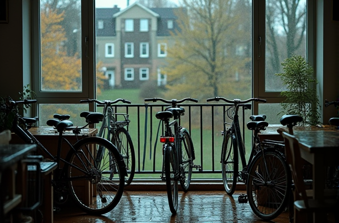 Several bicycles are parked inside by a large window, with a view of autumn trees and a house outside.