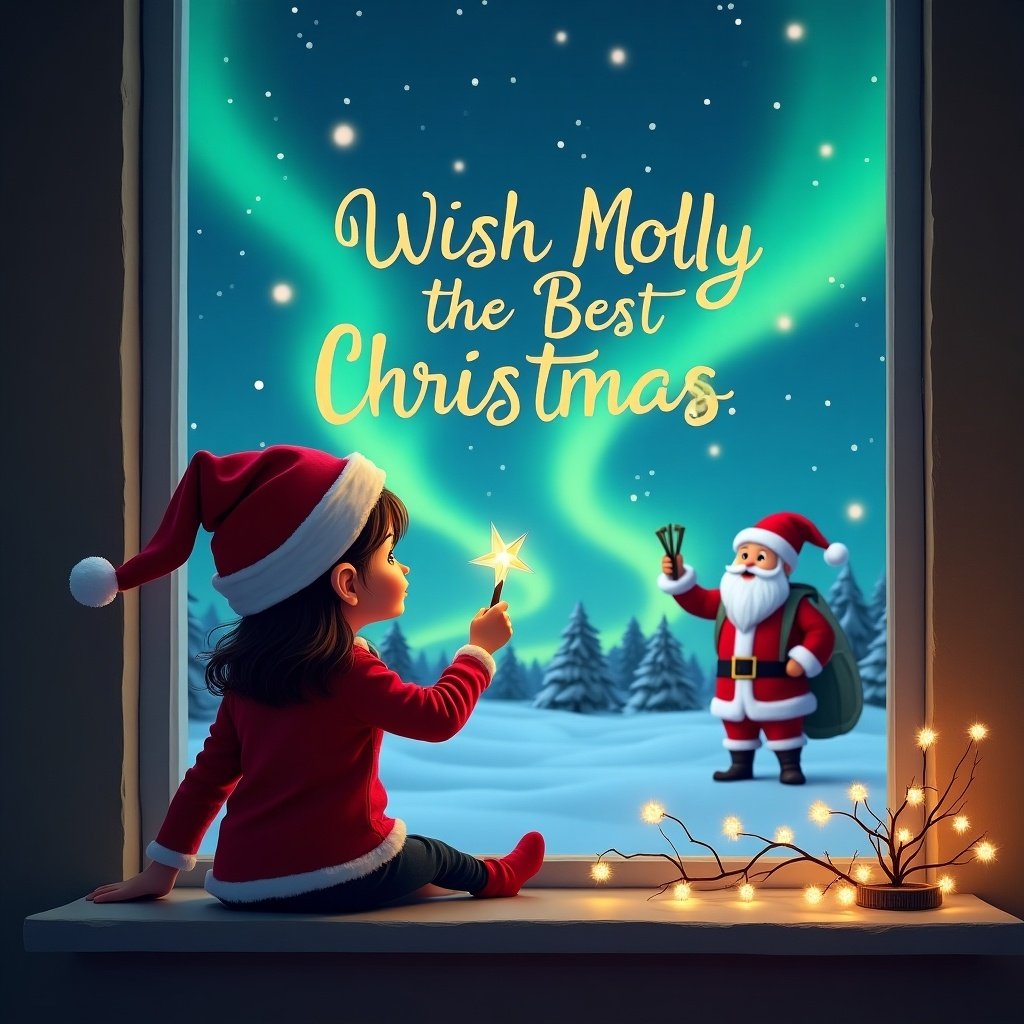 Little girl in a Christmas hat sitting on a window ledge facing a night sky. Magical northern lights illuminate the scene. Santa appears in the distance while an elf uses a wand to write 'Wish Molly the Best Christmas' in the sky. Cozy atmosphere suggests holiday warmth and magic.