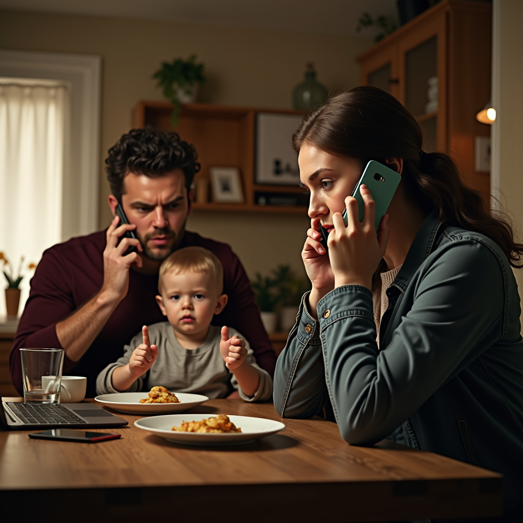 A couple is on phone calls, focusing intently, while their child is reaching for food at a table.