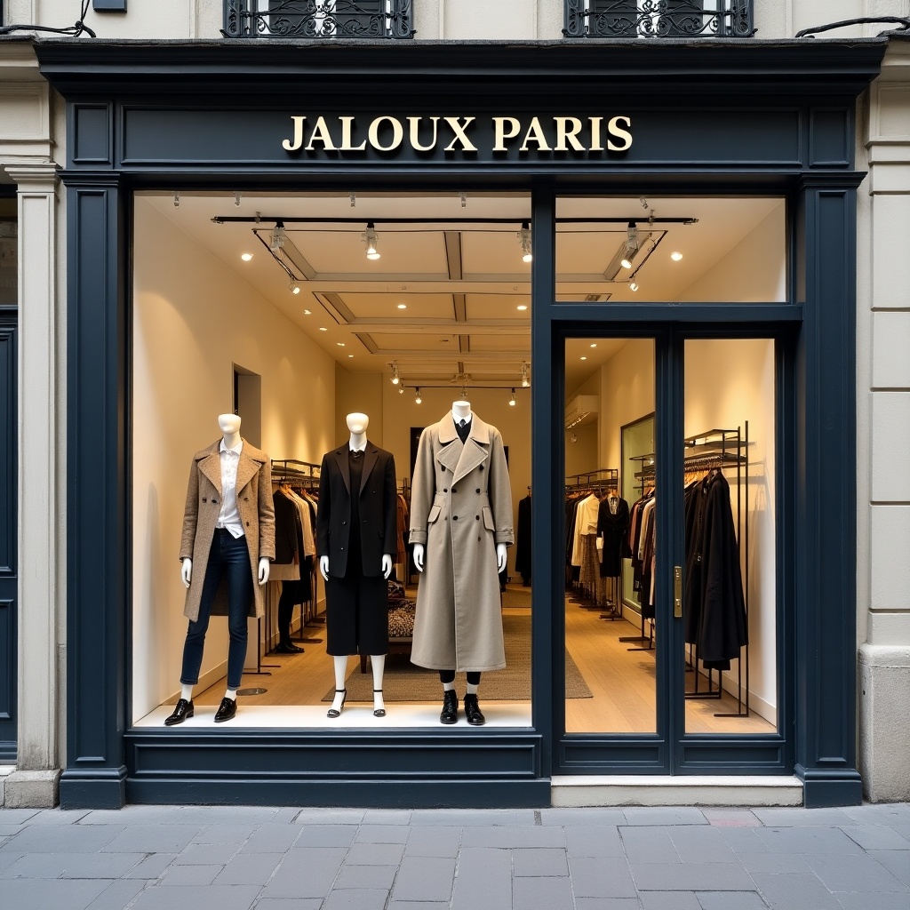 This image shows a stylish storefront featuring an elegant display of women's clothing under the brand name 'JALOUX PARIS'. The window is prominently designed with mannequins showcasing sophisticated outfits. The setting is on a city street, attracting fashion-conscious customers. The overall ambiance is chic and modern, emphasizing luxury fashion. The color palette embodies neutral tones that enhance the visual appeal of the elegant apparel.