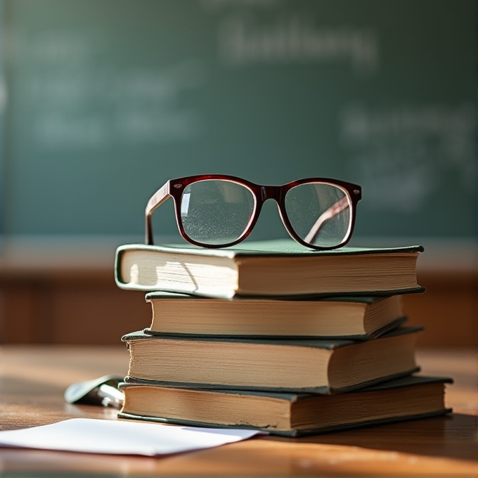 A stack of books with eyeglasses on top is placed on a wooden desk, all in front of a chalkboard in the background.