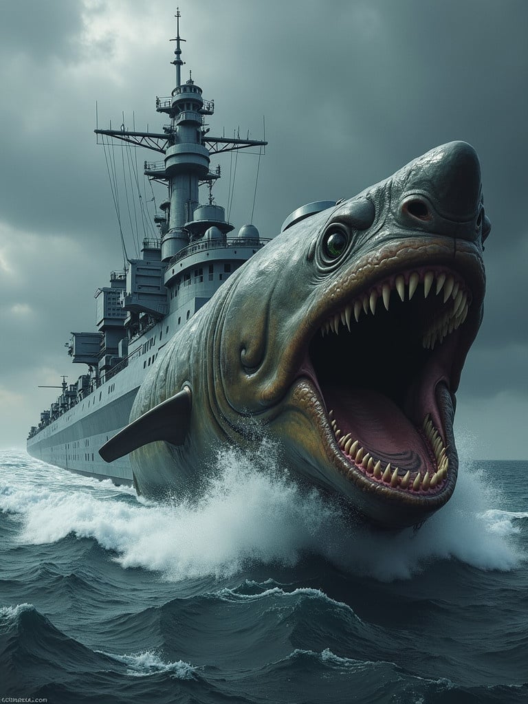 A mighty warship confronts a fearsome piranha in a dramatic scene. The warship has turrets and missile launchers. The piranha is large with sharp teeth. The ocean is turbulent with dark clouds swirling overhead.