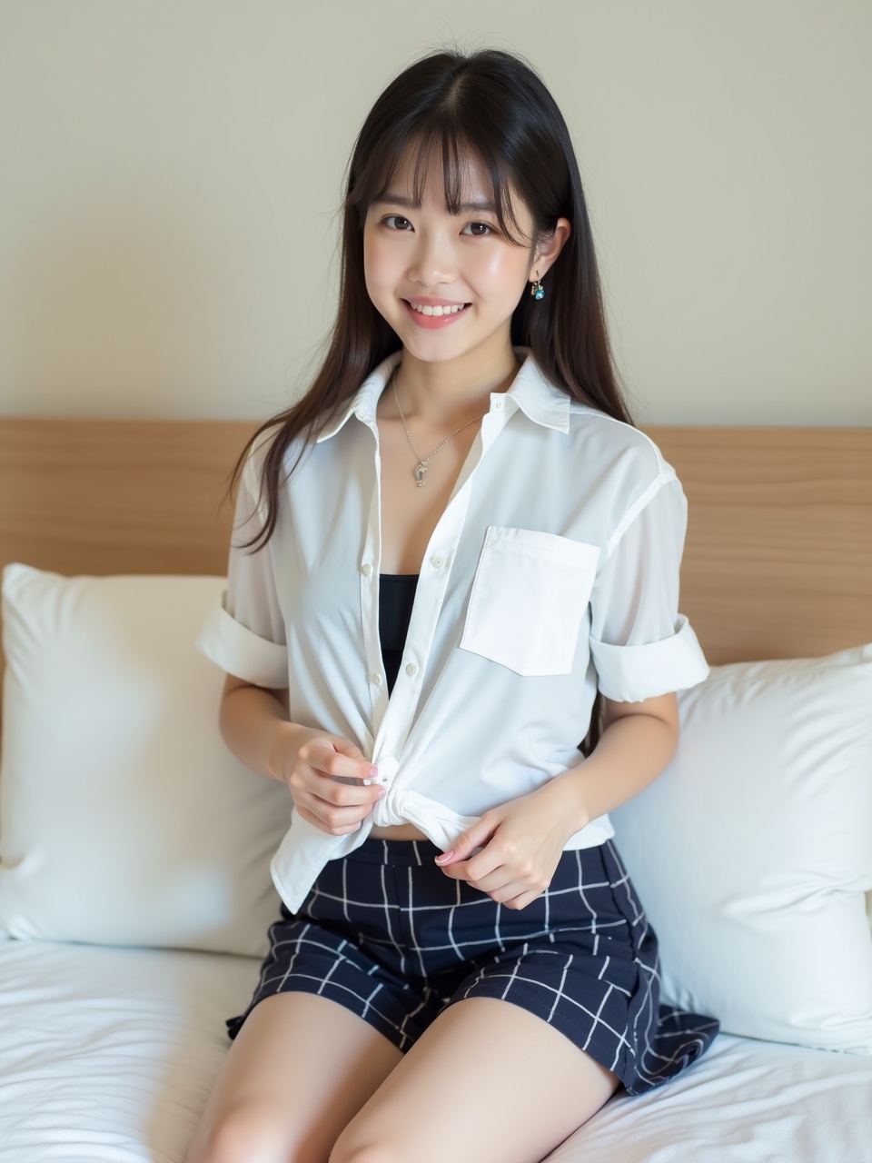 A person sitting on a bed with a warm smile, wearing a white blouse and checkered shorts. The room is softly lit, creating a cozy and inviting atmosphere.