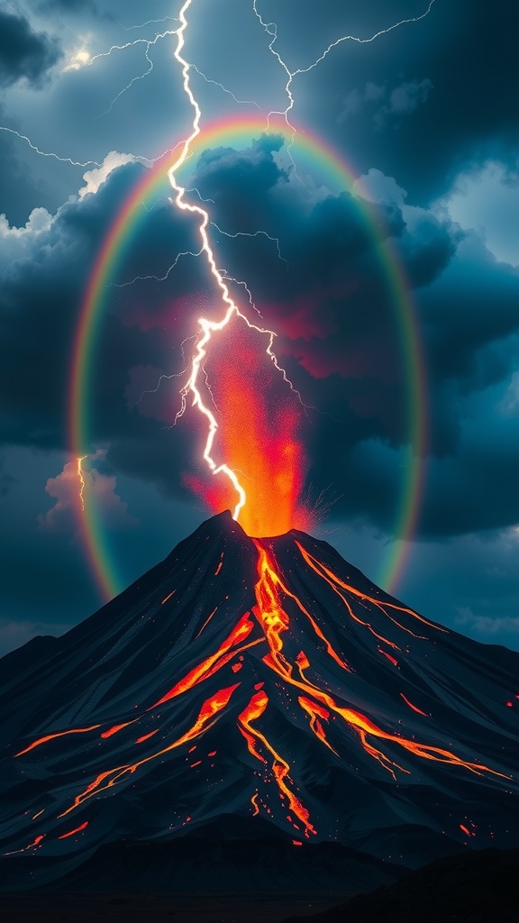 A dramatic volcanic eruption with vibrant lava flows, struck by lightning beneath an ominous sky and framed by a striking rainbow.