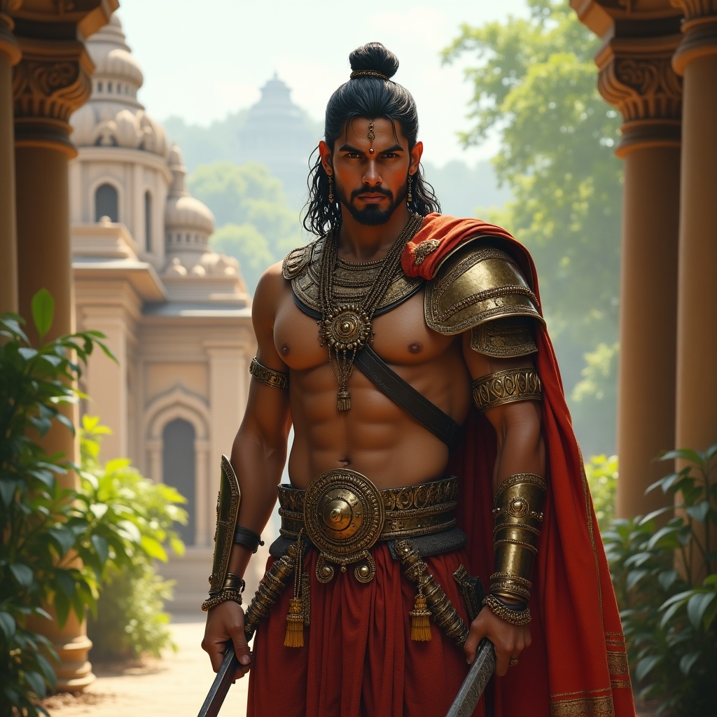 A young warrior stands confidently, clad in ornate Indian armor. He holds a sword, ready for battle, with determination in his gaze. The backdrop features a lush green environment, typical of an ancient South Indian kingdom. Towering classical architecture peeks through in the distance, adding to the grandeur of the setting. The sunlight bathes the scene in a warm glow, accentuating the details of his intricate armor and the rich colors around him.