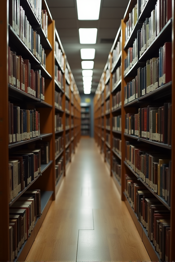 A long library aisle between tall bookshelves filled with books.