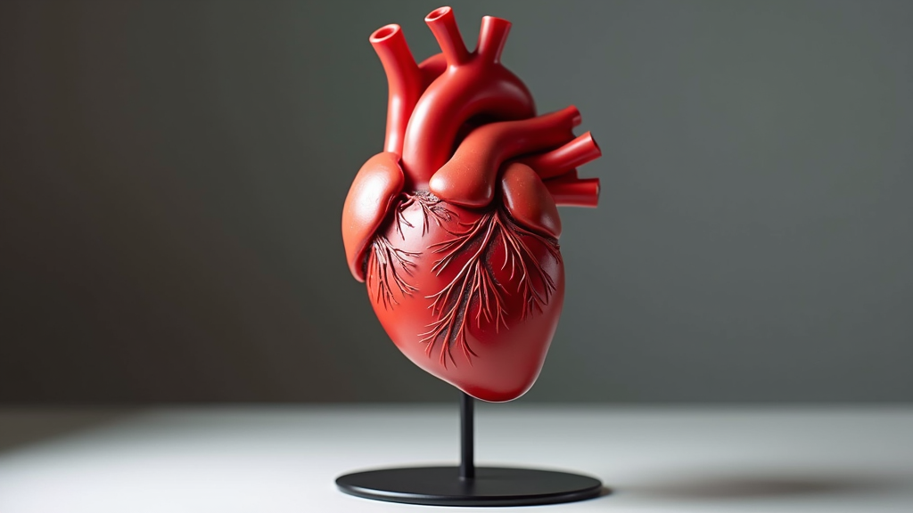 A detailed sculpture of a human heart displayed on a stand.