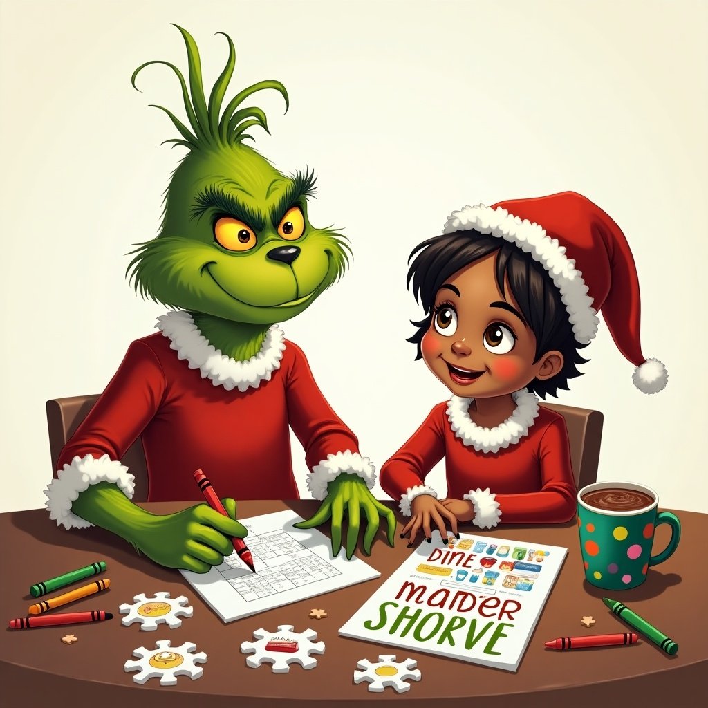 The Grinch smiling. A brown-skinned girl dressed as an elf writing names with crayons at a table. Puzzles, coloring materials, and a cup of hot chocolate in a Grinch mug are present on the table. Transparent background.