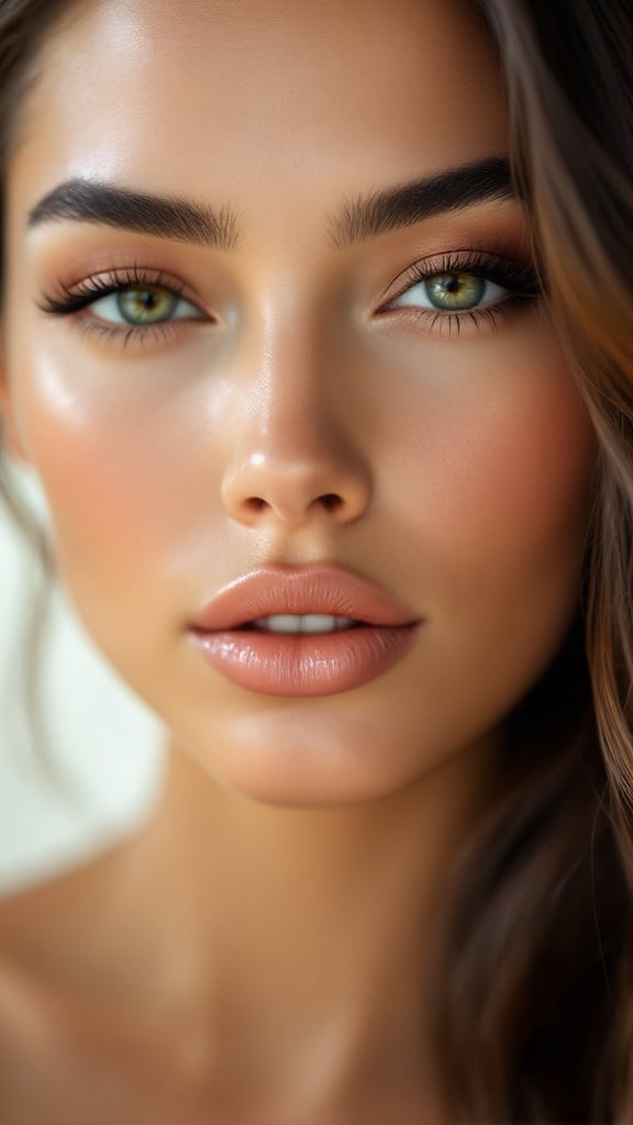 Portrait of beautiful woman with glossy skin texture. Soft features and warm lighting enhance the natural beauty.