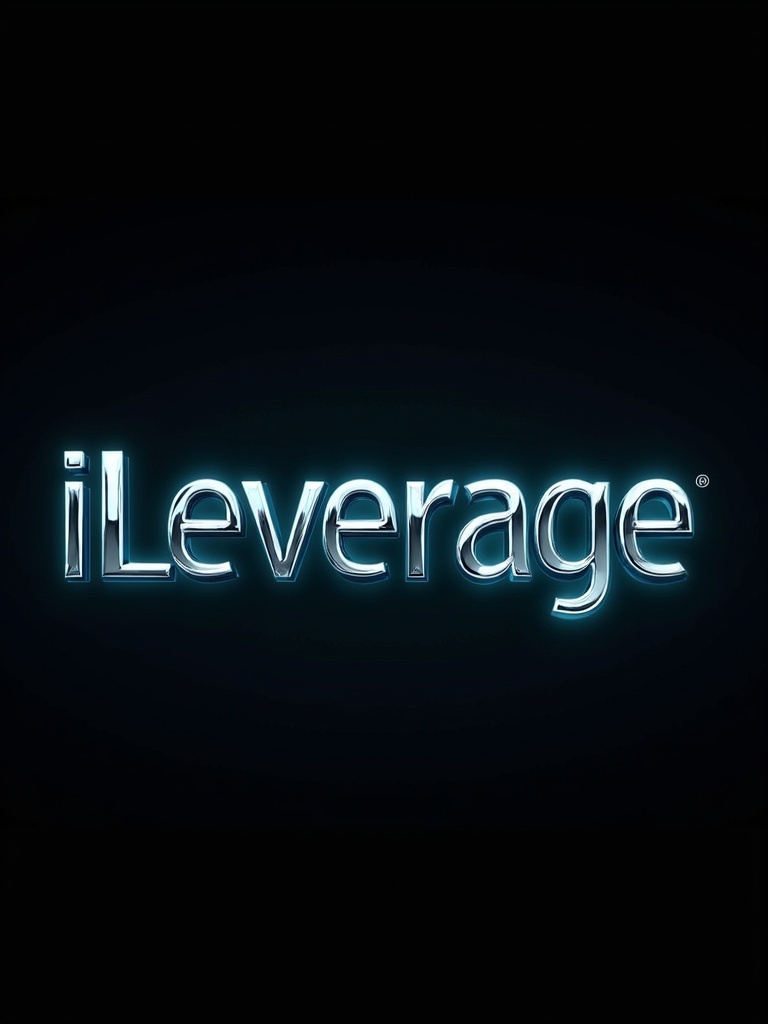 3D letters form the word iLeverage Lending. Blue and teal light make the letters shine. Black background enhances overall design. Evokes a sense of elegance and sophistication. Letters show high reflection and are uniform in size and row arrangement. Luxurious contrast throughout the image.