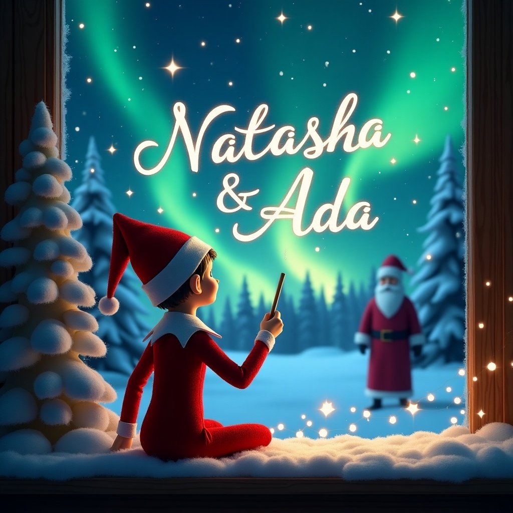 This image features an elf on the shelf with its back to the viewer, facing a magical winter night sky. The elf, in a classic red outfit, uses a wand to write the names 'Natasha' and 'Ada' in elegant script among the twinkling stars. The background showcases the breathtaking northern lights, adding a mystical glow to the scene. Snow-covered trees surround the elf, enhancing the winter atmosphere. In the distance, a silhouette of Santa can be seen, emphasizing the Christmas theme and joy.