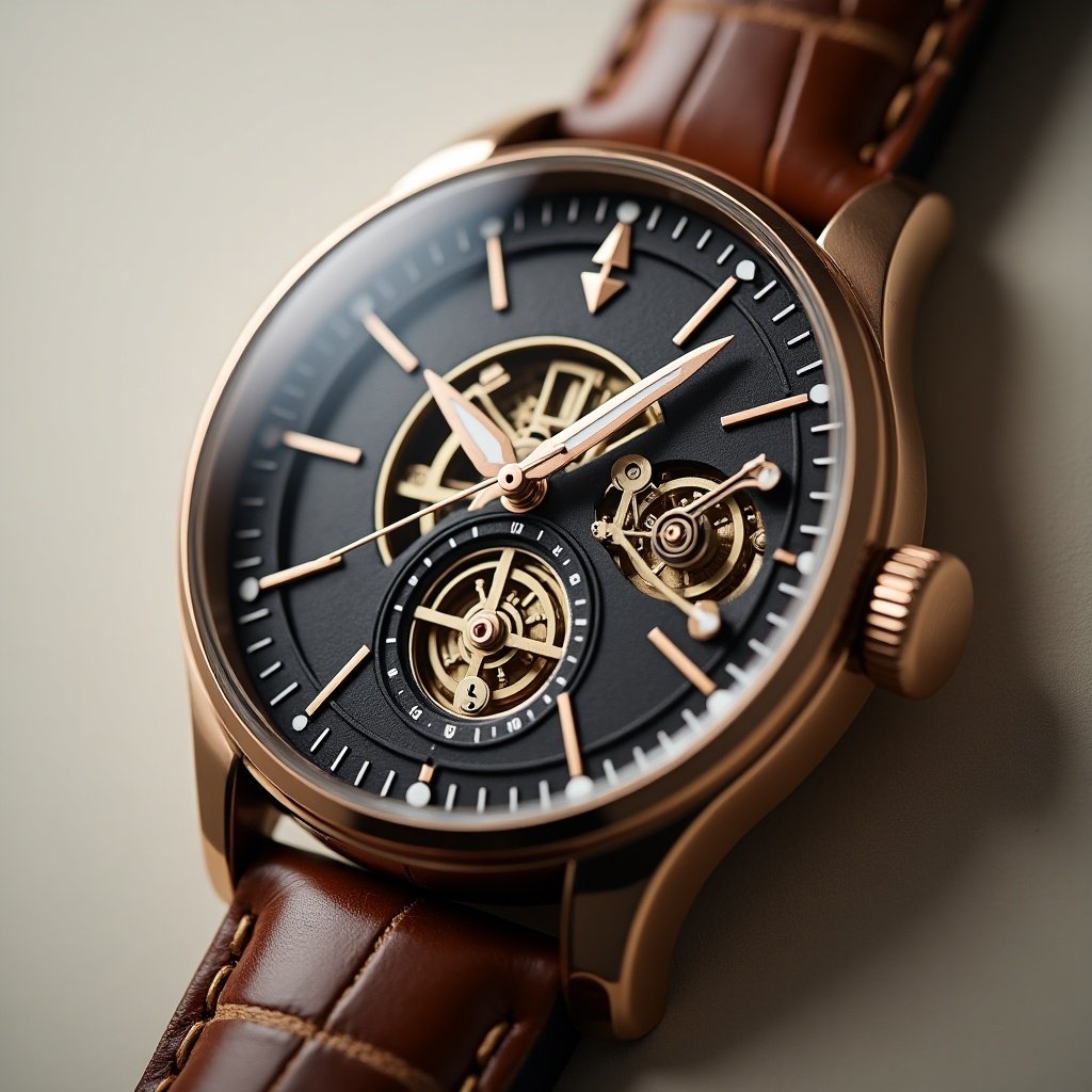 Close-up of a stylish watch showing intricate mechanisms and a brown leather strap. Watch features a dark dial with golden elements and visible gears.