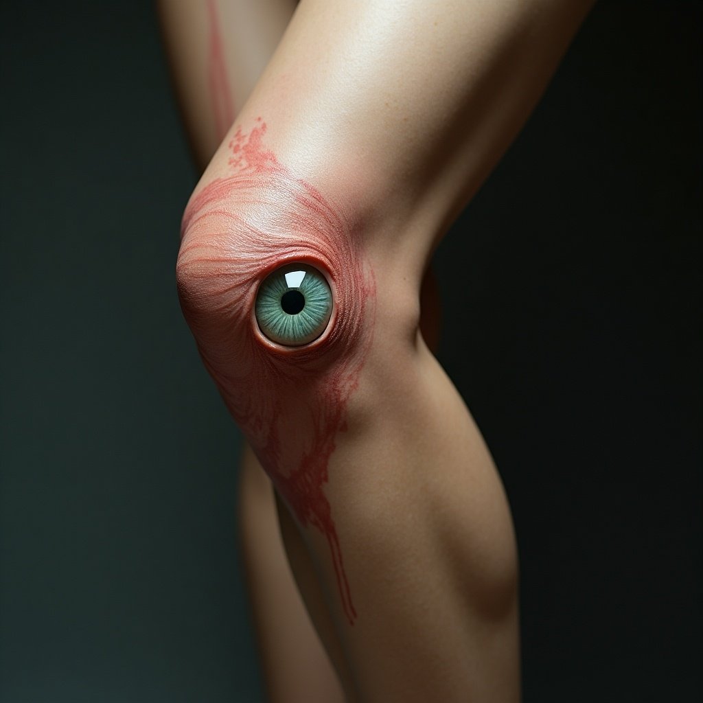 This surreal image features a human knee with an eye where the kneecap should be, blending anatomical elements of a leg and an eye. The vivid detail of the eye contrasts sharply with the natural skin tone. This creates a fantastical and somewhat unsettling visual that captures attention. The leg appears to be standing or slightly bent, contributing to the mystery surrounding this artwork. Overall, it invokes curiosity and intrigue about the meaning behind such a striking composition.