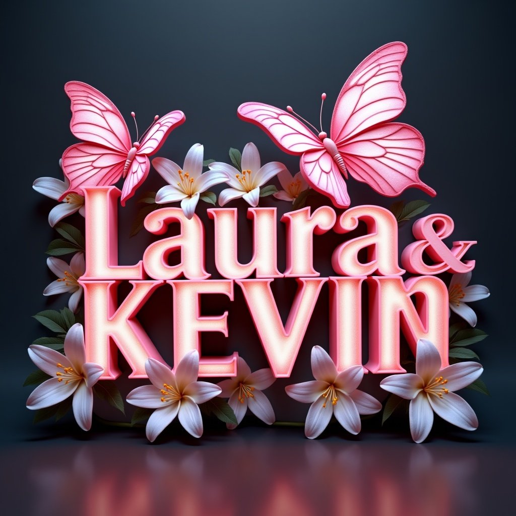 Pink butterflies with white lilies surround the name Laura & Kevin. The name appears in a large beautiful font that glows like metal with a subtle reflection effect.