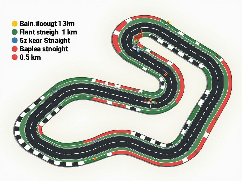 This image depicts a detailed layout of a race track. The track features three main straights: a 2km main straight, a 1km straight, and a 0.5km curved straight. It includes a total of 18 corners, all designed for an anti-clockwise racing direction. The track is characterized by vibrant colors, clearly marking different sections. The design emphasizes both the straights and the challenging curves, making it suitable for competitive racing events.