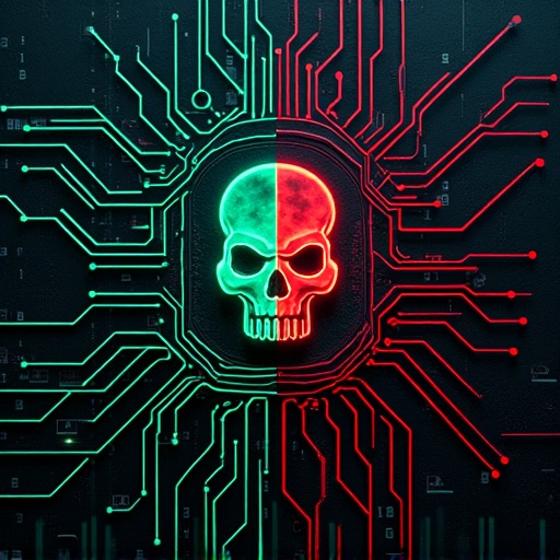 Circuit board design displays normal and malicious areas. Smooth lines in green signal flows contrast with jagged lines in red signals. Skull and lock icons overlay Trojan section. Background includes binary code and neural network nodes. Dark cyberpunk style features neon highlights.