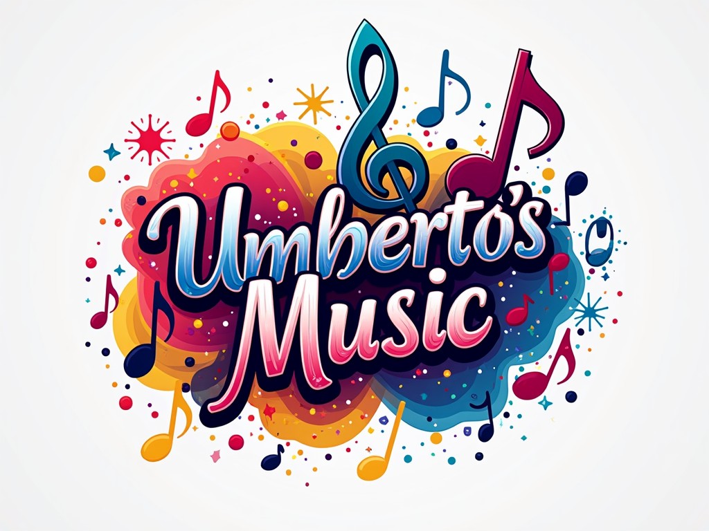 This vibrant and colorful illustration features the words 'Umberto's Music' in bold, stylized typography. Surrounding the text are various musical notes and symbols, all set against a dynamic, multi-colored splash background. The design exudes energy and is visually engaging, capturing the essence of music's lively and diverse nature.