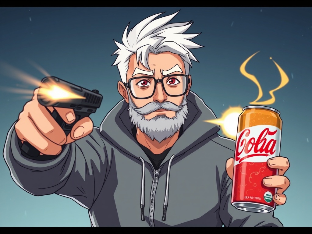 This illustration features a character with gray hair and a beard, wearing a hoodie and glasses. The figure is dynamically posed with a can of 'Cola' in one hand and a firing gun in the other, conveying a mix of intensity and casual coolness. The background is a gradient of dark blue, suggesting a night or dusk setting, emphasizing action and energy.