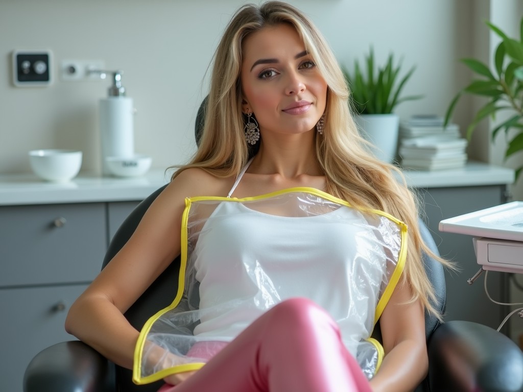 A stylish woman sits in a dental clinic, comfortably in a dentist chair. She has long blonde hair and is wearing an elegant white halter top along with tight shiny pink pants. A large clear PVC bib with yellow edges covers her. The bib extends to her knees, indicating a casual yet prepared atmosphere for her dental visit. The surroundings include modern dental tools and plants, creating a relaxing environment for patients. Her earrings add a fashionable touch, highlighting the blend of style and health consciousness.