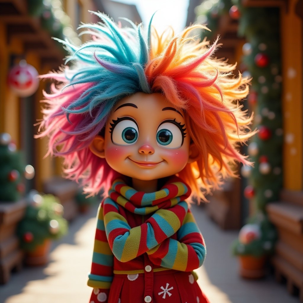 Whoville character displays vibrant hair in a festive environment. Character dons a colorful whimsical outfit. Background adorned with holiday decorations.