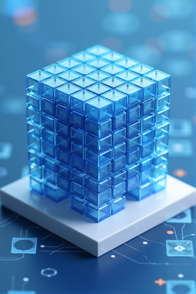 A complex 3D structure made of transparent blue cubes stands on a white base against a blurred, blue background.